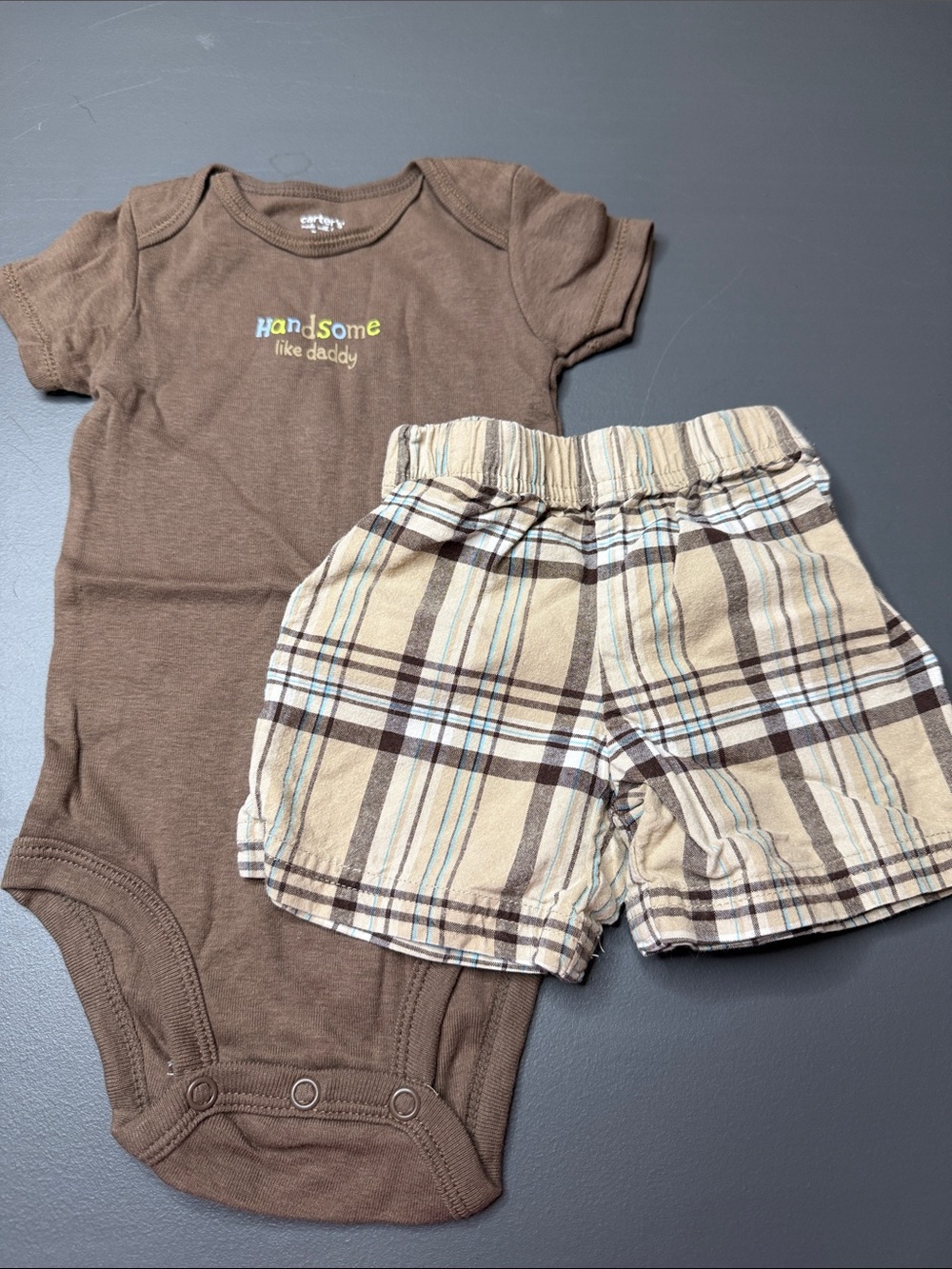 Carter's Brown Bodysuit with Tan Plaid Shorts Set. Size: 6M